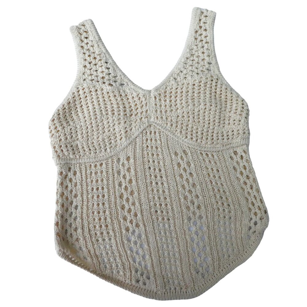 Y2K Open Crochet Ecru Tank Top Lined Bust V Neck Longer Front Curved Hem XL